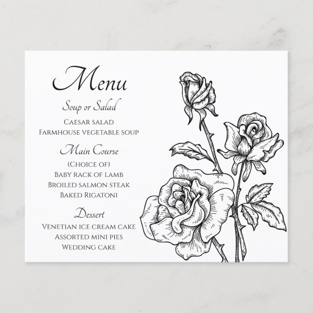 Floral Menu noir blanc Rose Fleurs Mariage (Devant)