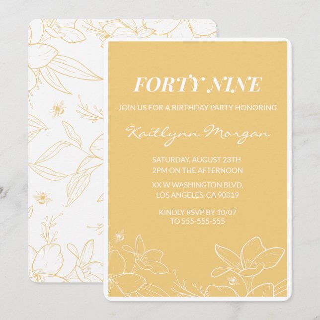 Floral Modern Jaune invitations à 49e anniversaire (Devant / Derrière)