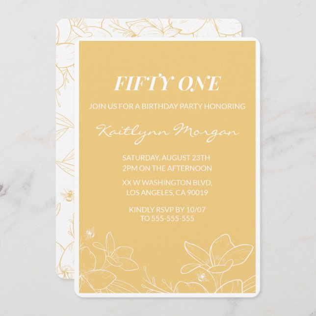Floral Modern Jaune invitations à 51e anniversaire (Devant / Derrière)