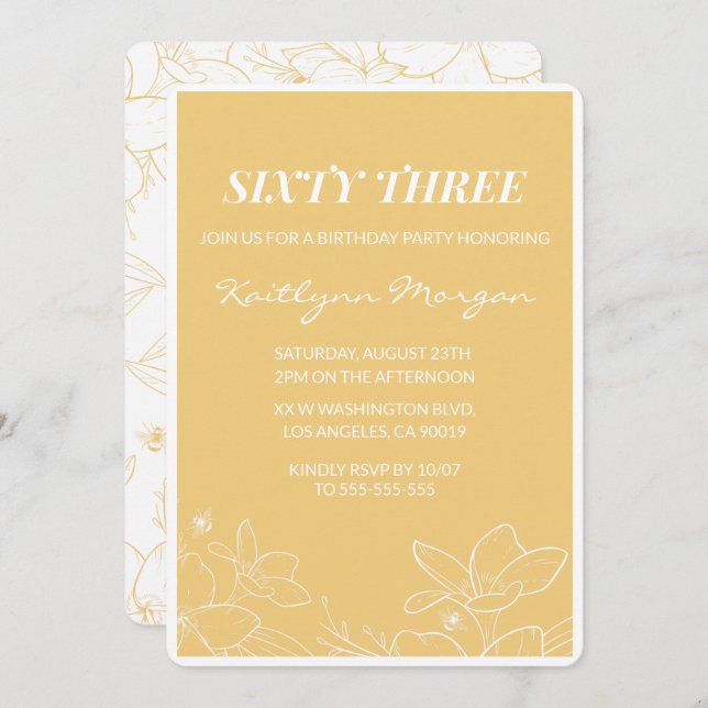 Floral Modern Jaune invitations à 63e anniversaire (Devant / Derrière)