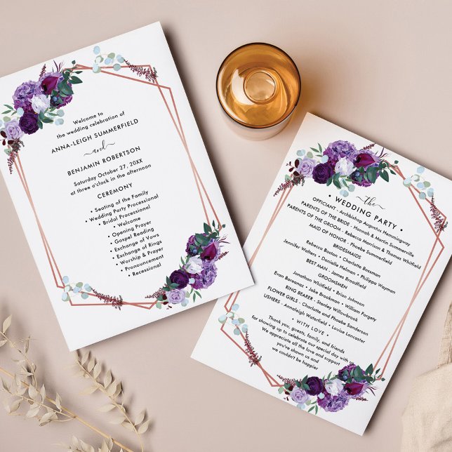 Floral moderne Mariage programme d'itinéraire (Purple Floral Wedding Program and Itinerary)