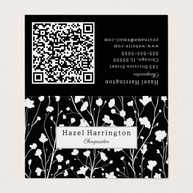 Floral moderne QR plié Carte de visite noir blanc (Extérieur déplié)