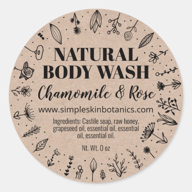 Floral Natural Homemade Body Wash Étiquettes (Devant)