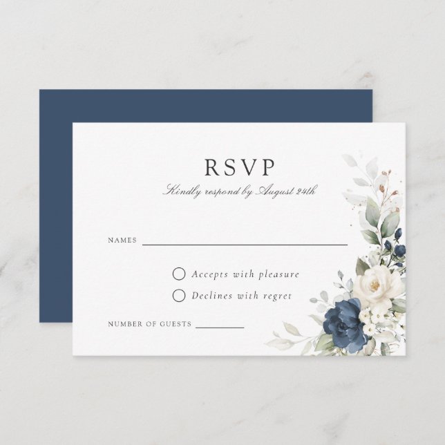 Floral Navy Blue Greenery Gold Wedding Carte RSVP (Devant / Derrière)