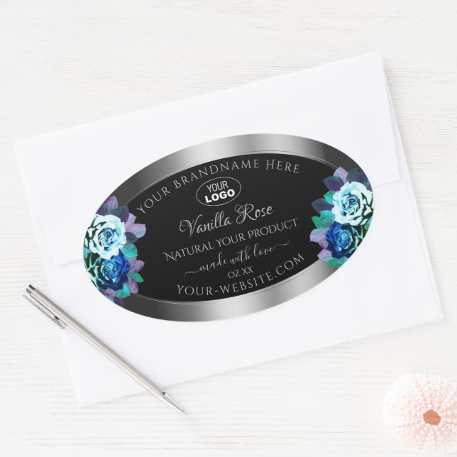 Floral Noir Argent Étiquette Logo Roses Turquoises (Enveloppe)
