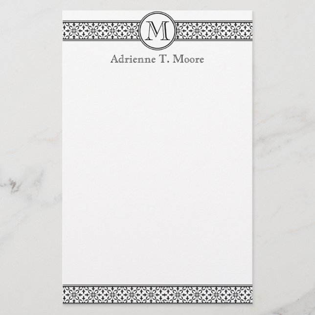 Floral Noir Blanc Monogramme Première papeterie (Devant)