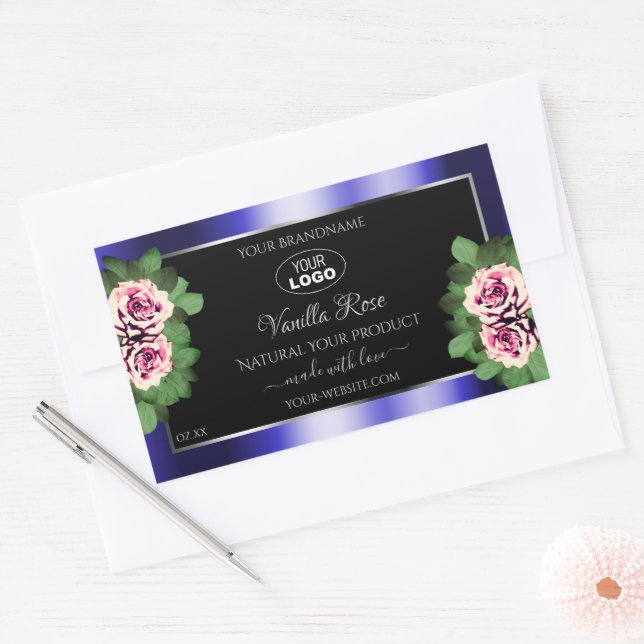 Floral noir bleu Étiquette rose roses Logo (Enveloppe)