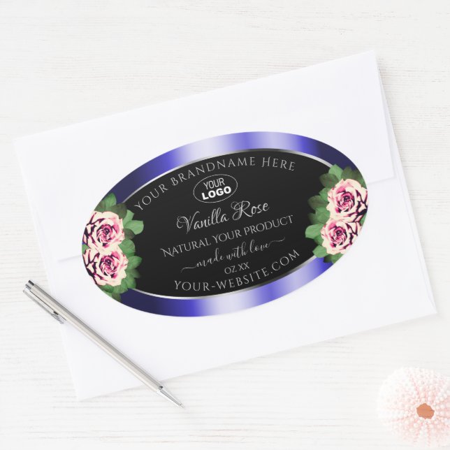 Floral noir bleu Étiquette rose roses Logo (Enveloppe)