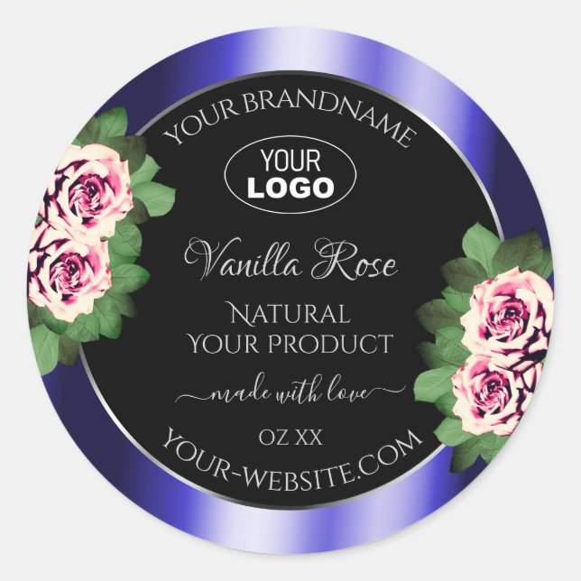 Floral noir bleu Étiquette rose roses Logo (Devant)