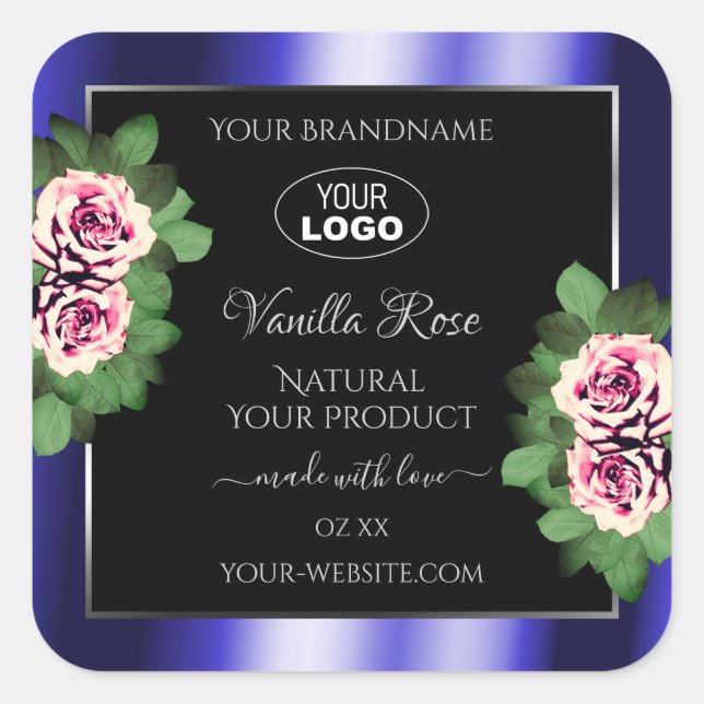 Floral noir bleu Étiquette rose roses Logo (Devant)