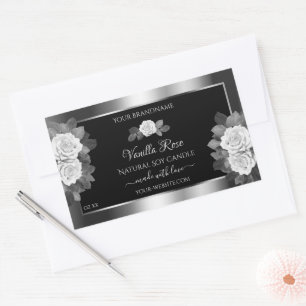 Floral Noir et Argent Étiquettes Roses blanches