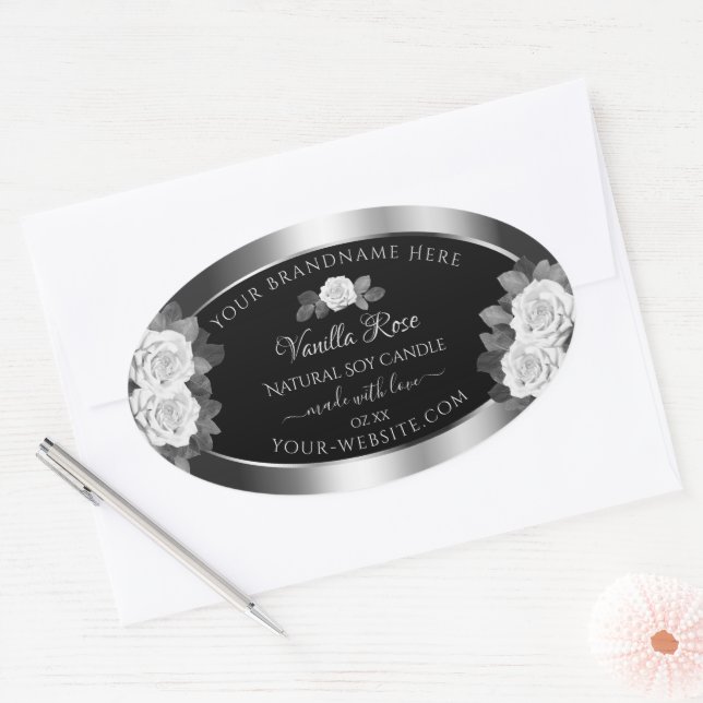 Floral Noir et Argent Étiquettes Roses blanches (Enveloppe)