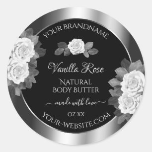 Floral Noir et Argent Étiquettes Roses blanches