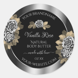Floral Noir et Argent Étiquettes Roses feuillus
