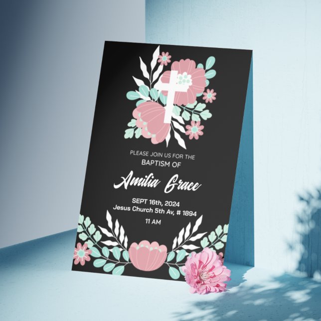 Floral Noir et Blanc Elégant baptême Invitation (Créateur téléchargé)