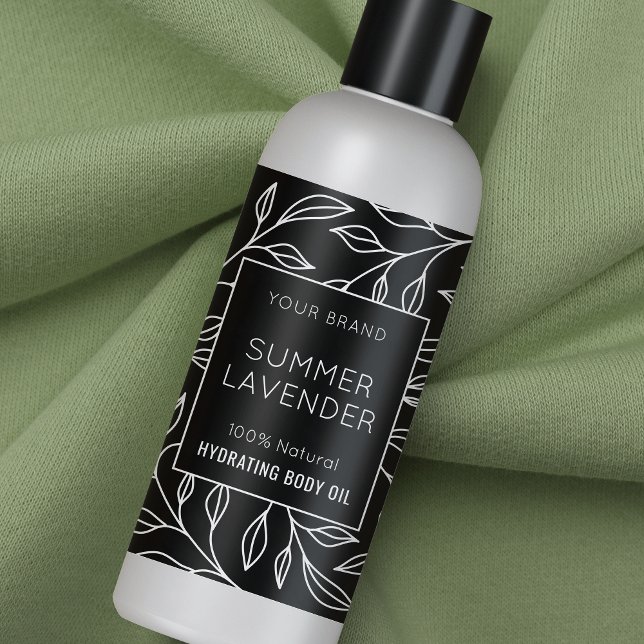 Floral noir moderne 4 OZ Étiquette de bouteille co (Minimalist black floral design cosmo bottle wrapper style label design)