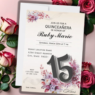 Floral Number 15 Rose Tones Quinceanera Invitation