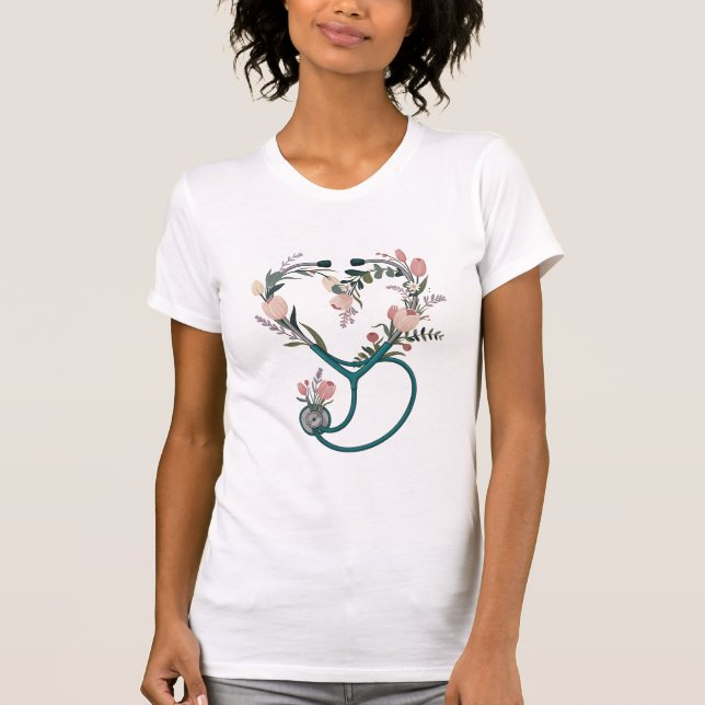Floral Nurse Stethoscope T-Shirt – Soft Pastel  (Devant)
