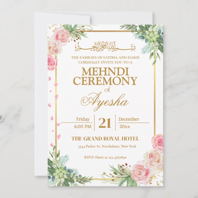 Floral or Mariage islamique Mehndi Invitation (Devant)