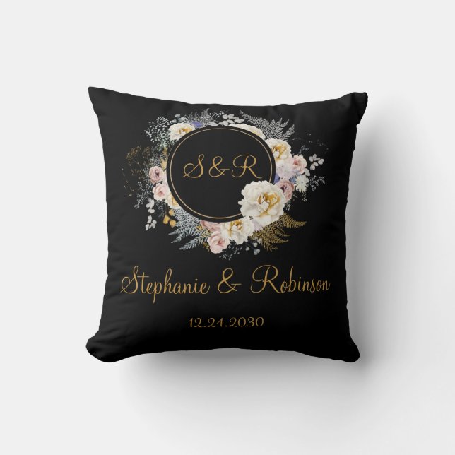 Floral Or Sur Oreiller Mariage Monogramme Noir (Recto)