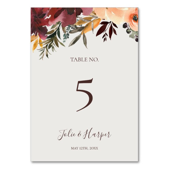 Floral Orange Bourgogne | Numéro de table beige (Par défaut)