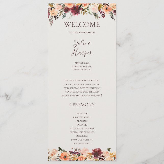 Floral Orange Bourgogne | Programme de mariage bei (Devant)