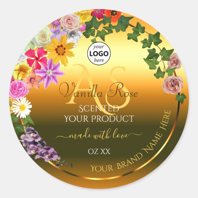 Floral Orange Gradient Produit Étiquette Monogramm (Devant)