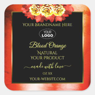 Floral Orange Marbre rouge Noir Étiquette Logo