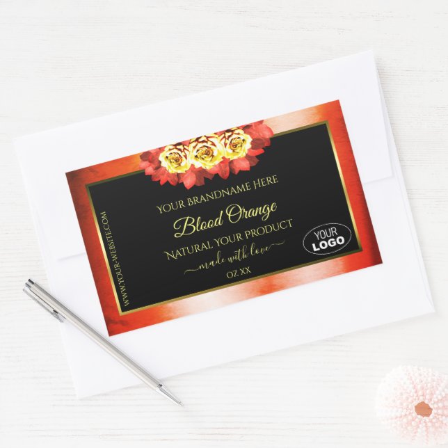Floral Orange Marbre rouge Noir Étiquette Logo (Enveloppe)
