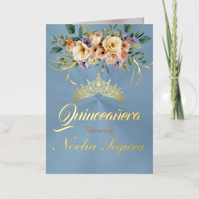 Floral - Pastel Blue Quinceanera Foil Invitation (Recto)