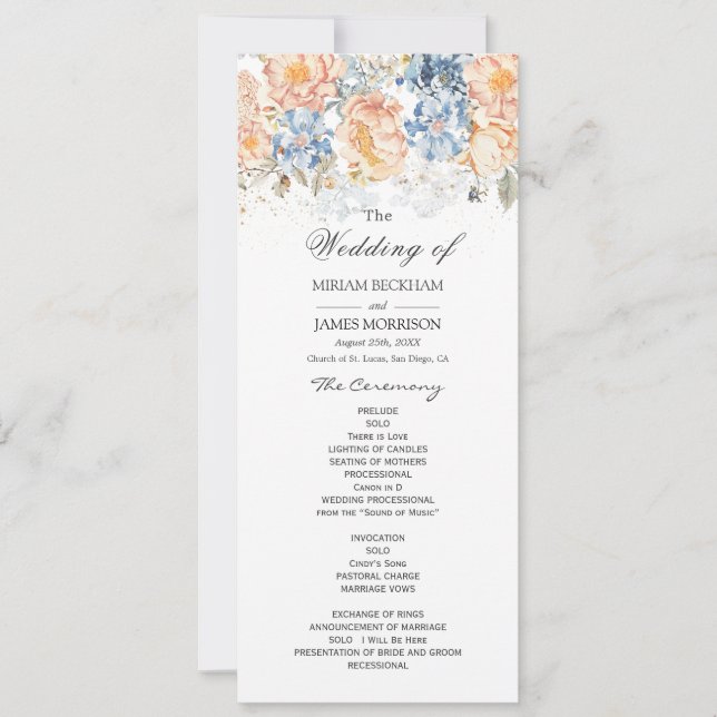 Floral Peach Blush Blue Wedding Programme (Devant)
