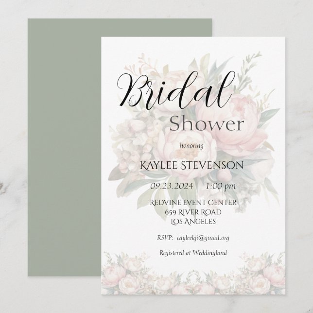 Floral Peonies Green Bridal Douche Invitation (Devant / Derrière)