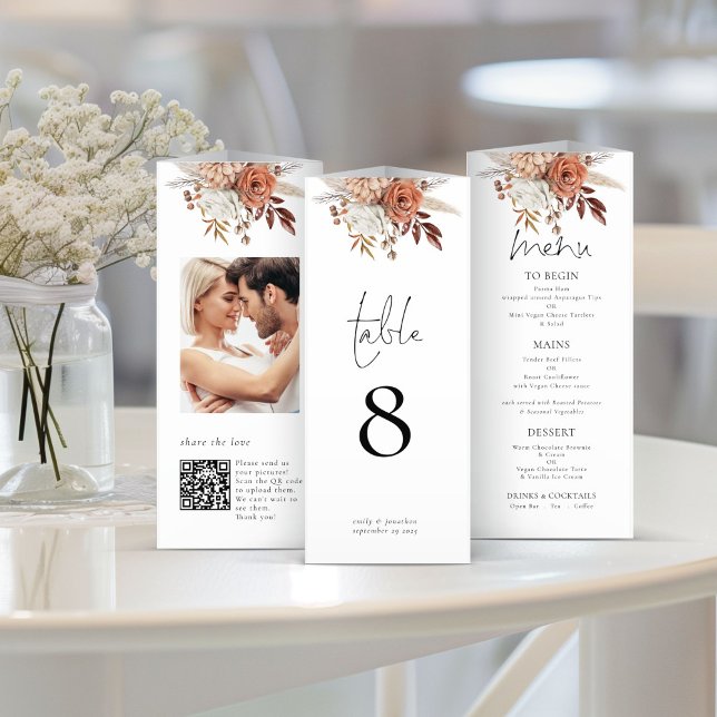Floral Photo QR Triple Mariage Menu Table No (View of each side when folded)