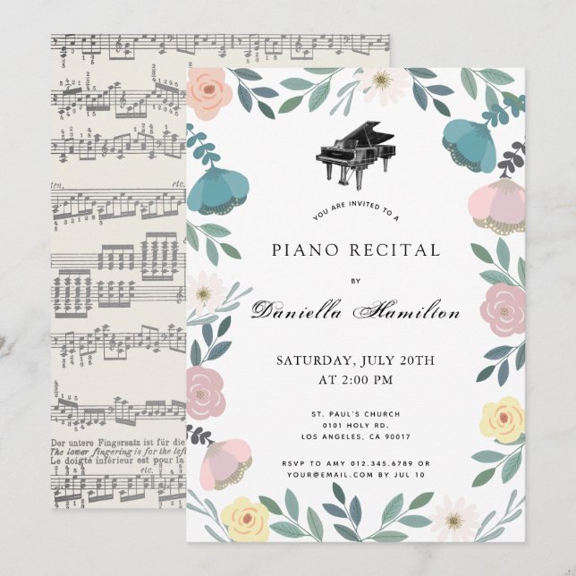 Floral Piano Blanc Considérant Invitation (Devant / Derrière)