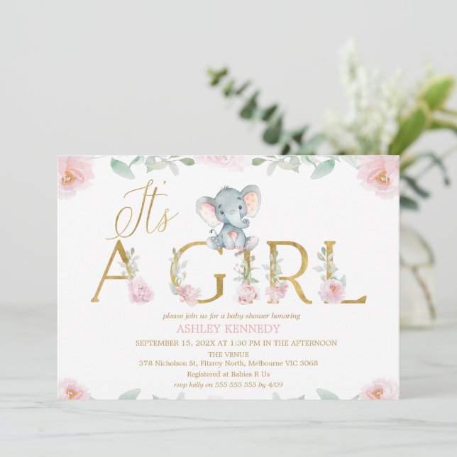 Floral Pink Girl Elephant Baby Shower Invitation (Debout devant)