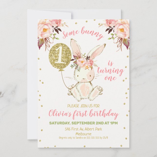 Floral Pink Gold Bunny 1er Invitation anniversaire (Devant)