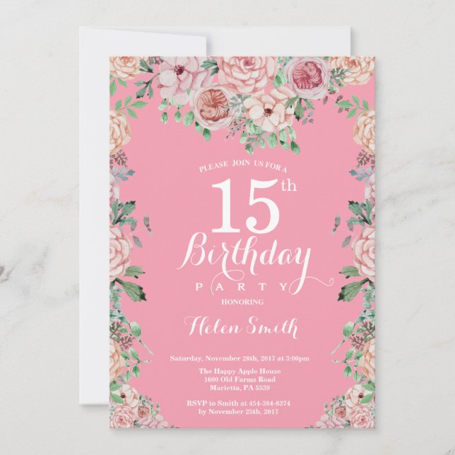 Floral Pink Peonies 15e anniversaire Invitation (Devant)