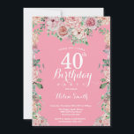 Floral Pink Peonies 40e anniversaire Invitation<br><div class="desc">Floral Pink Peonies 40e anniversaire Invitation pour les femmes. Fleur florale aquarelle. Elégante Rose rose et Fleurs de pivoine. Anniversaire adulte. Arrière - plan rose. 13ème 15ème 16ème 18ème 20ème 21ème 30ème 40ème 50ème 60ème 70ème 80ème 90ème 100ème, tout âge. Pour plus de personnalisation, cliquez sur le bouton "Customiser" et...</div>