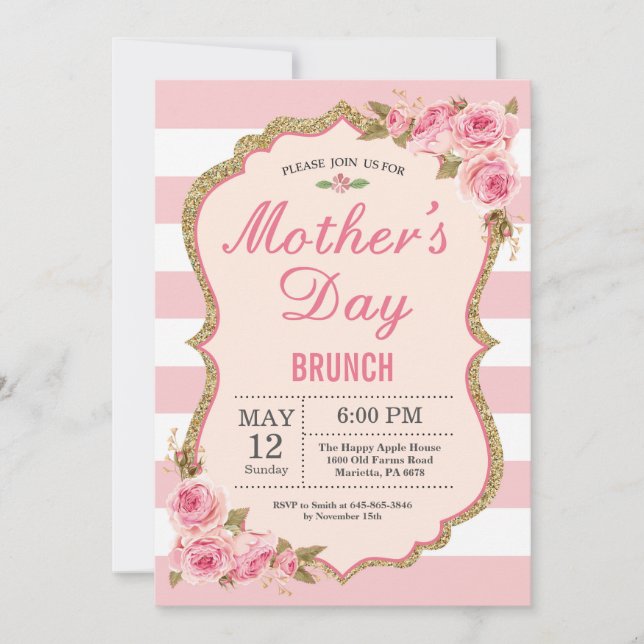 Floral Pink Peonies Mothers Day Brunch Invitation (Devant)