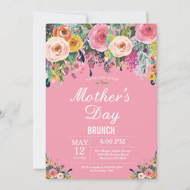 Floral Pink Peonies Mothers Day Brunch Invitation (Devant)