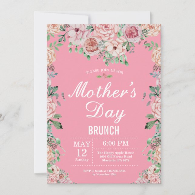 Floral Pink Peonies Mothers Day Brunch Invitation (Devant)