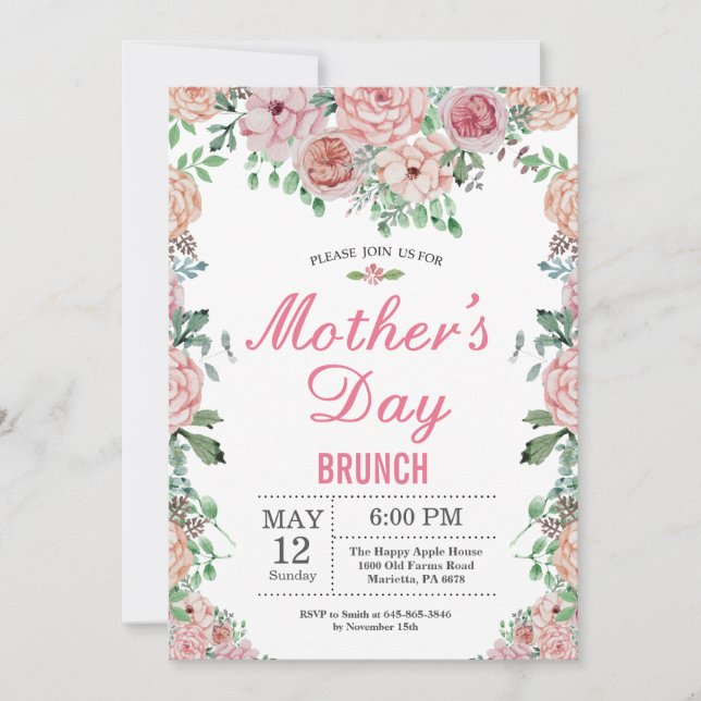 Floral Pink Peonies Mothers Day Brunch Invitation (Devant)