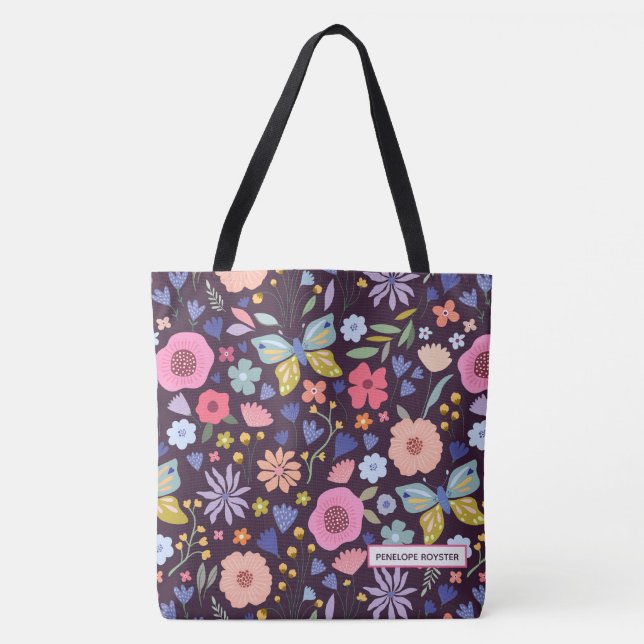 Floral & Plum Name Tote Bag (Devant)