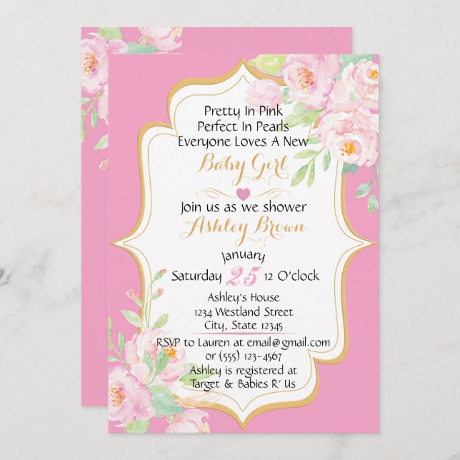 Floral Plutôt En Baby shower Rose Invitation (Devant / Derrière)