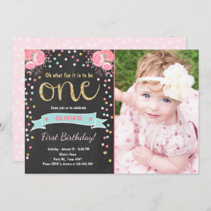 Floral Premier anniversaire invitation Girl Pink G