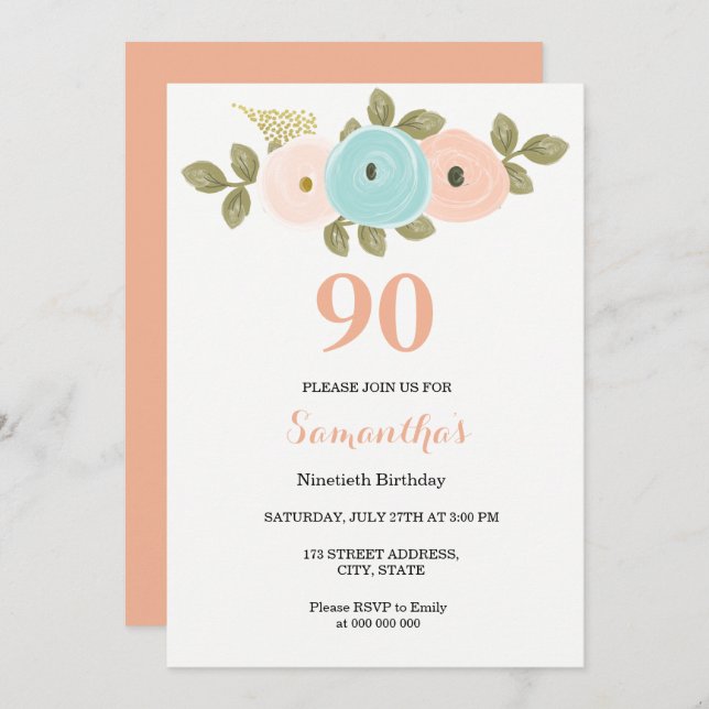 Floral Pretty Peach 90th Birthday Invitation (Devant / Derrière)