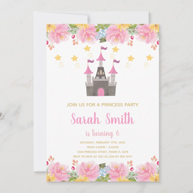 Floral Princess Castle Invitation Anniversaire (Devant)
