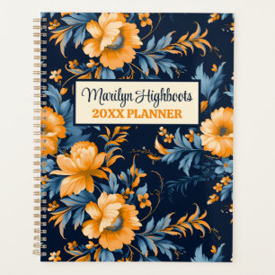 Floral prussien bleu, orange et moutarde