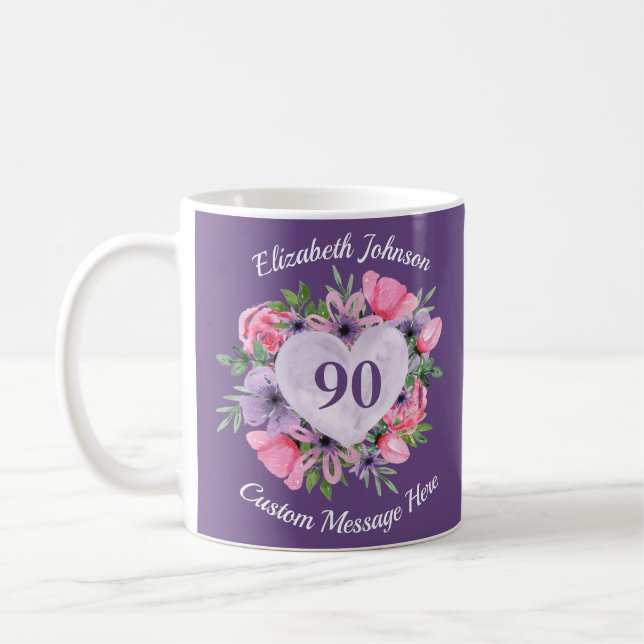 Floral Purple 90e Anniversaire Mug pour femmes (Gauche)