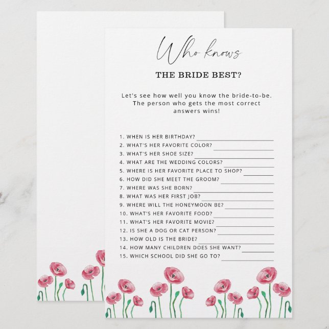 Floral Qui connaît la mariée meilleur jeu (Devant / Derrière)